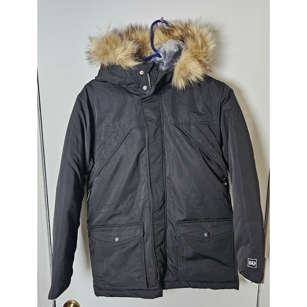 Gap Kids XL PURE Primaloft Black Parka Faux Fur Hood Water Resistant Coat EUC